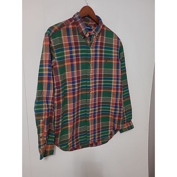 Vintage Polo Ralph Lauren Cotton Flannel Shirt Medium Green Blue Red Plaid 90s - Picture 3 of 11